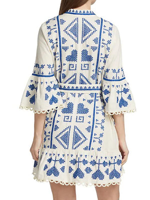 Farm Rio Blue and White Cross Stitch Mini Dress