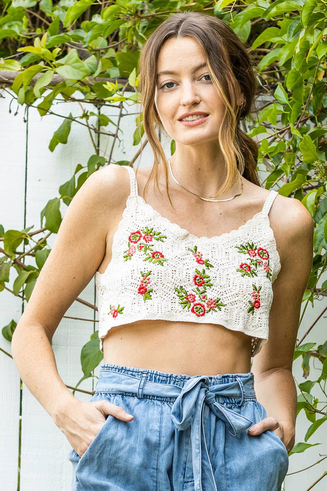 
                
                    Load image into Gallery viewer, Crochet Crop Top with Embroidery Detail
                
            